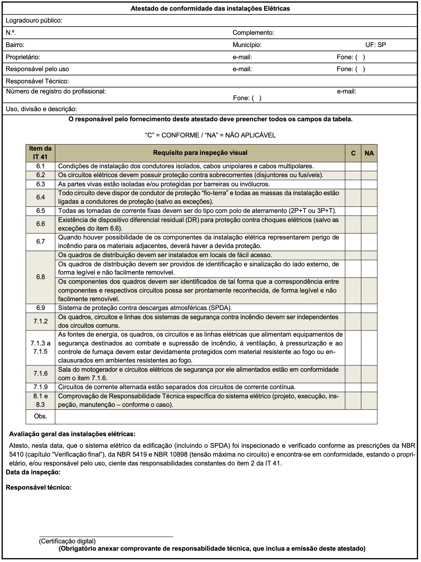 Exemplo de Atestado de Conformidade das Instalações Elétricas